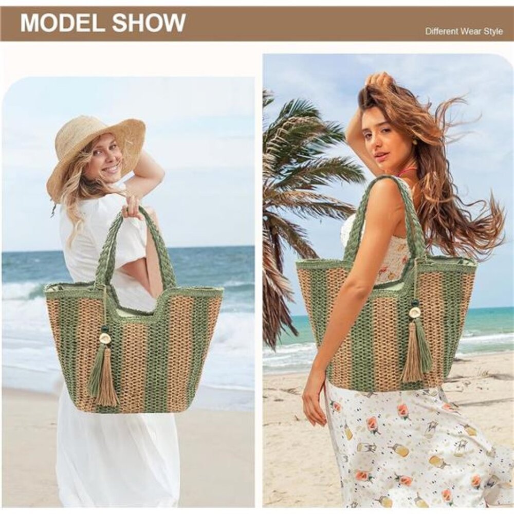 Women Straw Beach Bag Large Khaki Green - Picture 5 of 7
